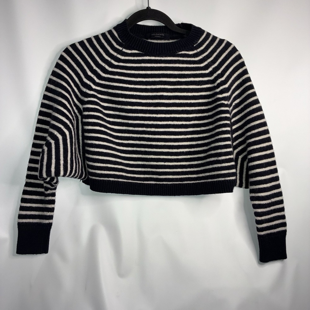 All Saints Sweater Women XS Marcel Cropped Jumper Black Cream Striped Wool Blend
